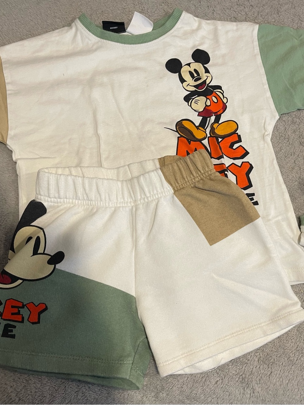 Zara Kids Mickey Colorblock Shorts Set - White, Sage & Tan